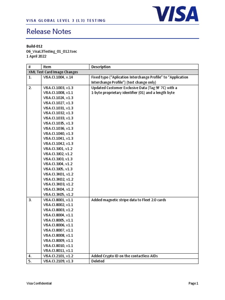 Visa L3 Testing Release Notes Update | PDF | Visa Inc. | Emv