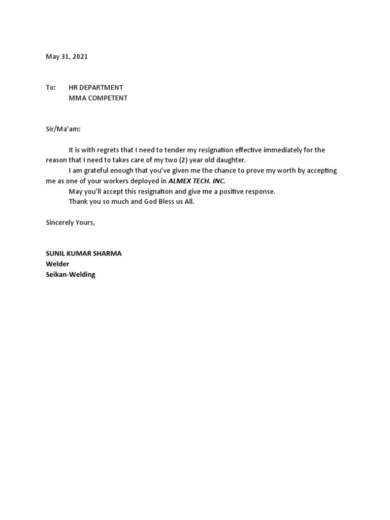 Welder Resignation Letter - Sunil Sharma | PDF