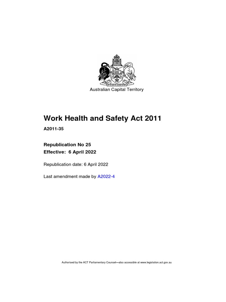 Work Health and Safety Act 2011 Australian Capital Territory PDF Occupational Safety And