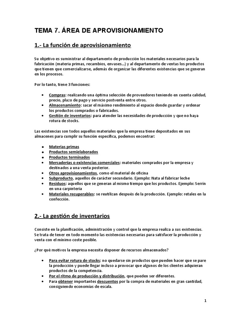 Tema 7 Área de Aprovisionamiento | PDF | Obtención | Inventario