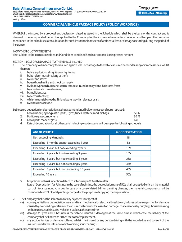 Commercial Vehicle Insurance Policy Wording | PDF | Indemnity | Insurance