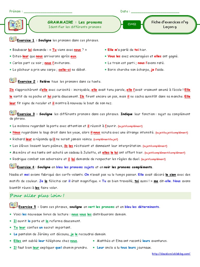 Exercices sur les pronoms pour CM2 | PDF