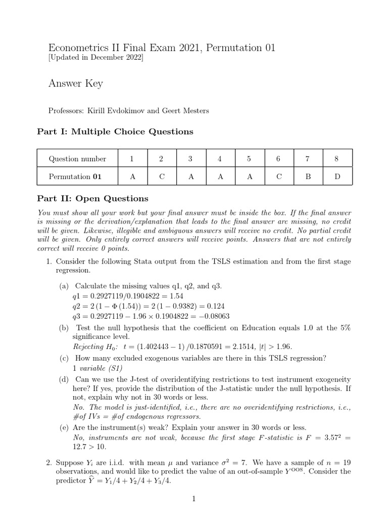 Econometrics II Final Exam 2021 Answers | PDF | Dependent And ...