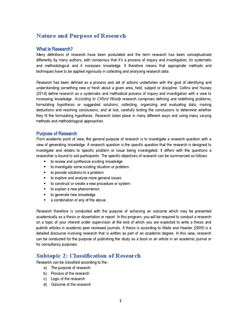 Nature And Purpose Of Research Pdf Quantitative Research Theory