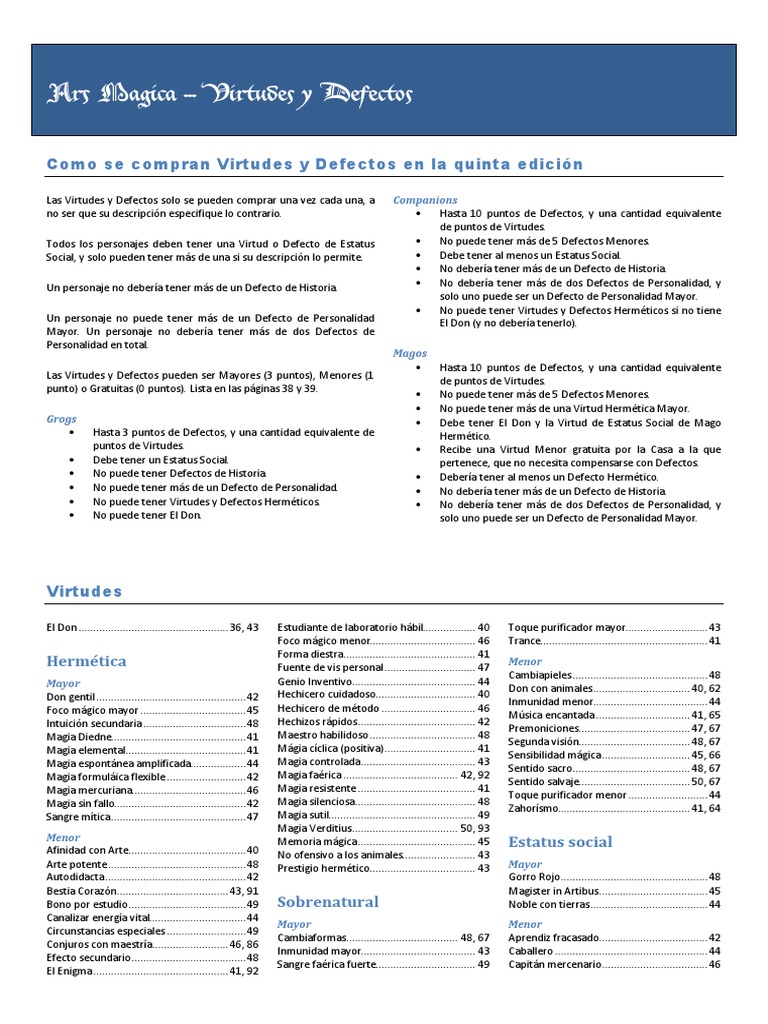 Virtudes y Defectos de Ars Magica