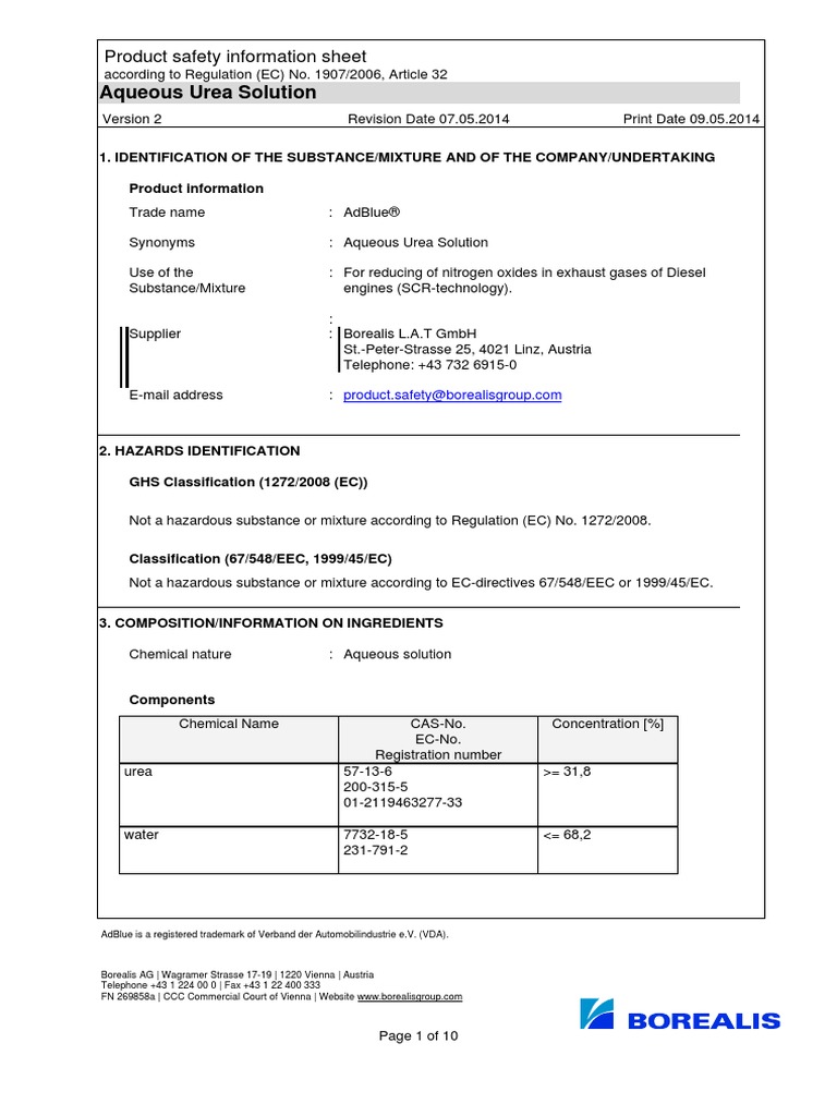Dload Adblue Safety Data PDF Toxicity Ammonia