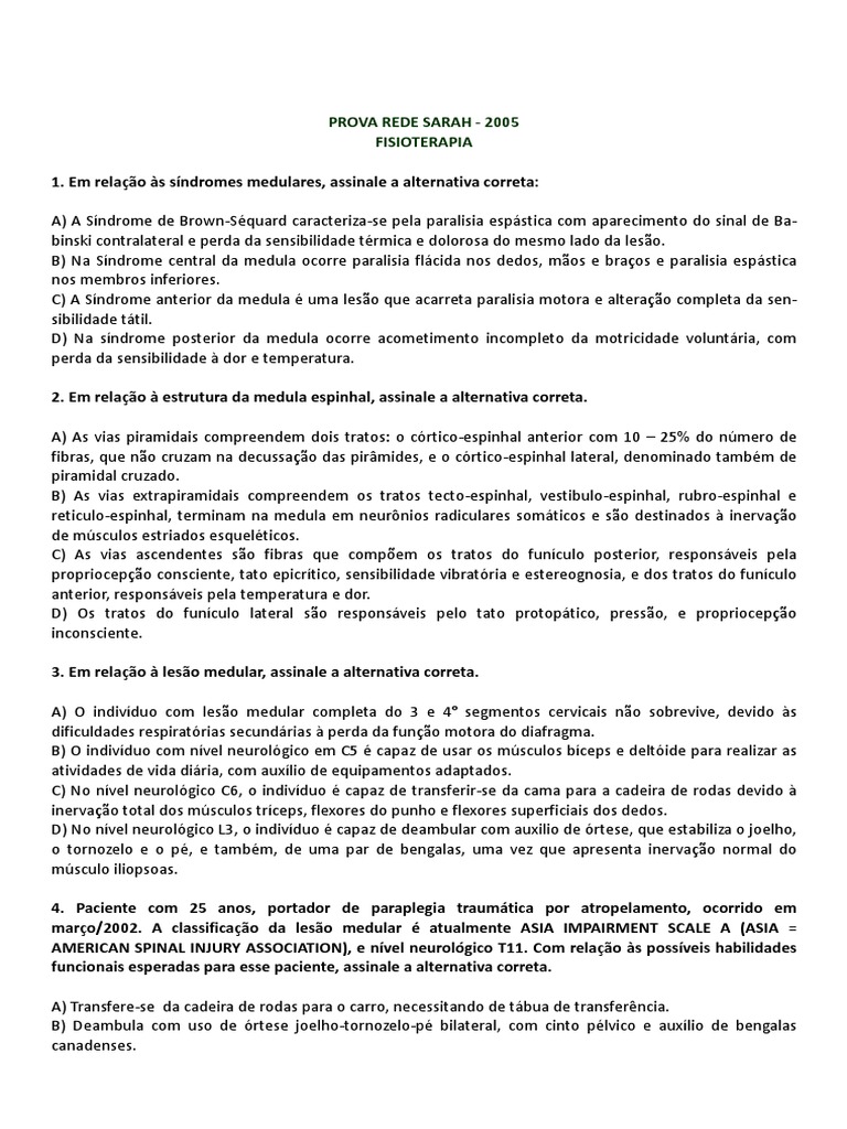 Prova Rede Sarah 2005 | Download grátis PDF | Medula espinhal | Sistema ...