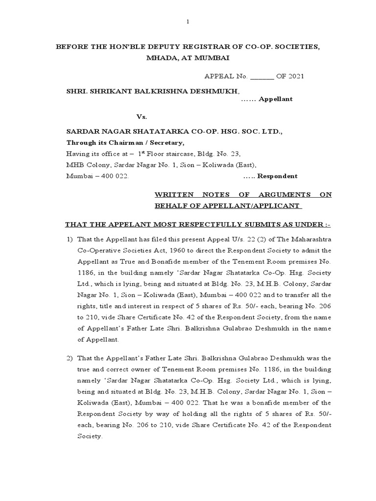 Written Notes - Appeal - Mhada Dpty Registrar | PDF | Appeal | Public Law