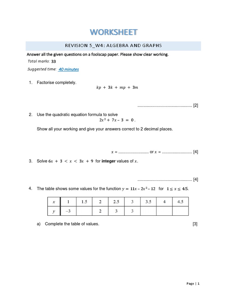 Algebra Worksheet: Factorization & Graphs | PDF | Teaching Methods ...