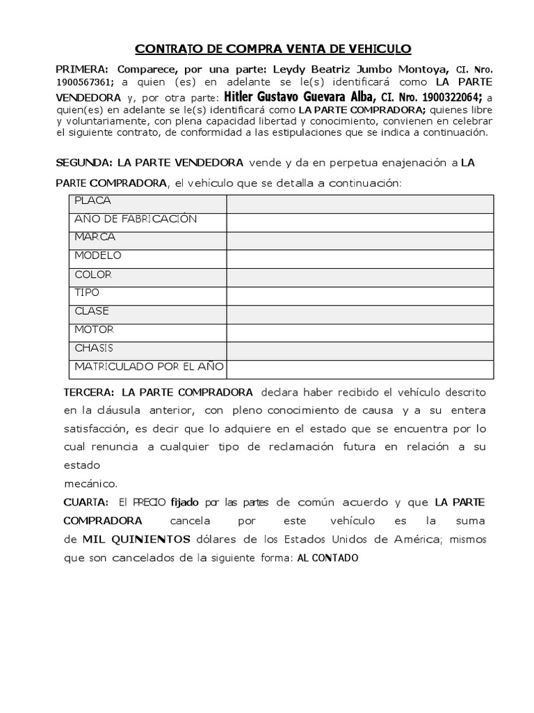 Contrato de Compra Venta de Vehiculo | PDF