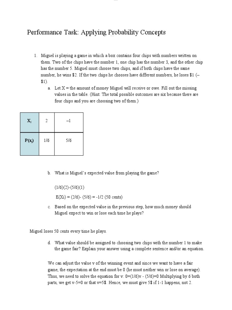 Performance task applying probability concepts performance task pdf