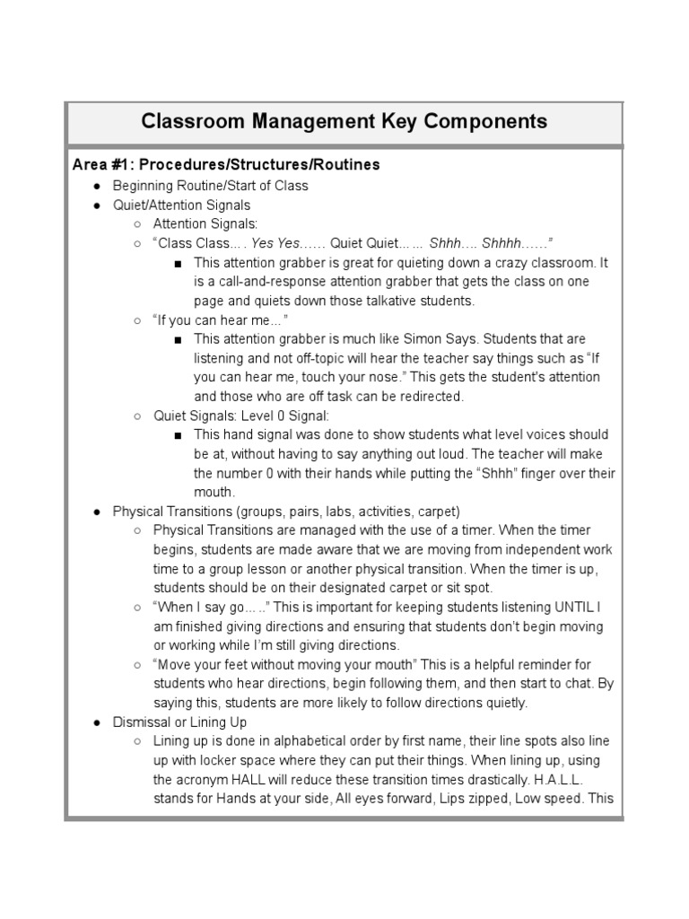 Classroom Management Key Components PDF Teachers Classroom