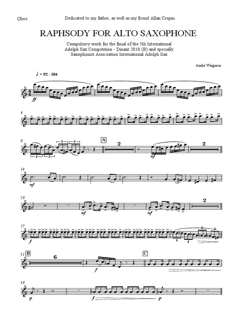 Raphsody For Alto Saxophone André Waignein Oboe PDF Saxophone