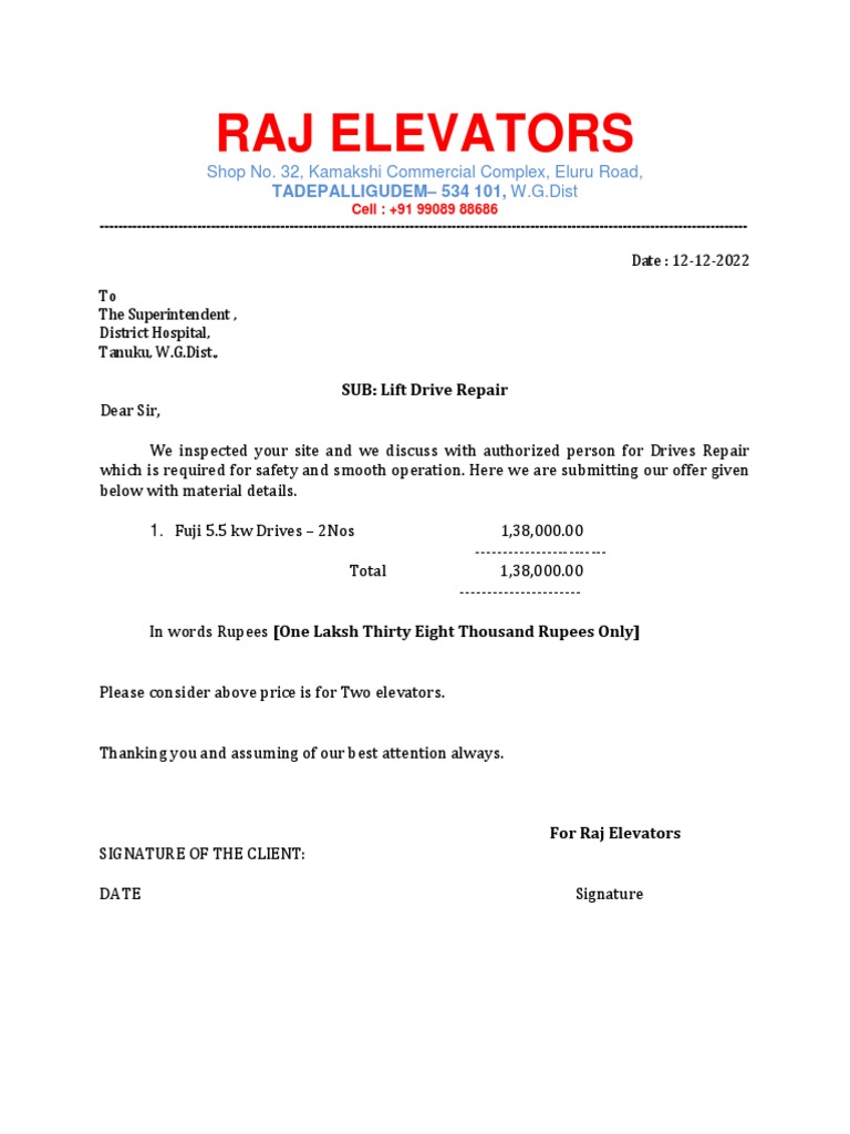 RAJ ELEVATORS Tanuku Hospital PDF