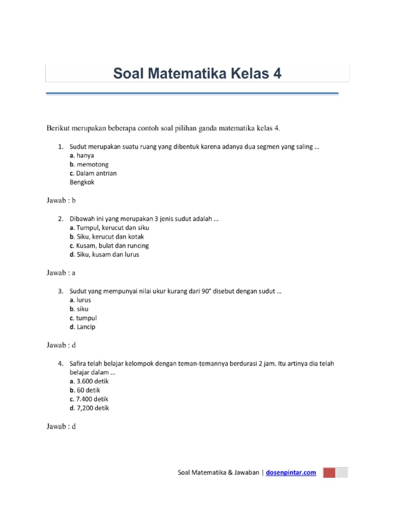 Soal Matematika Kelas 4 Dosenpintar Com PDF