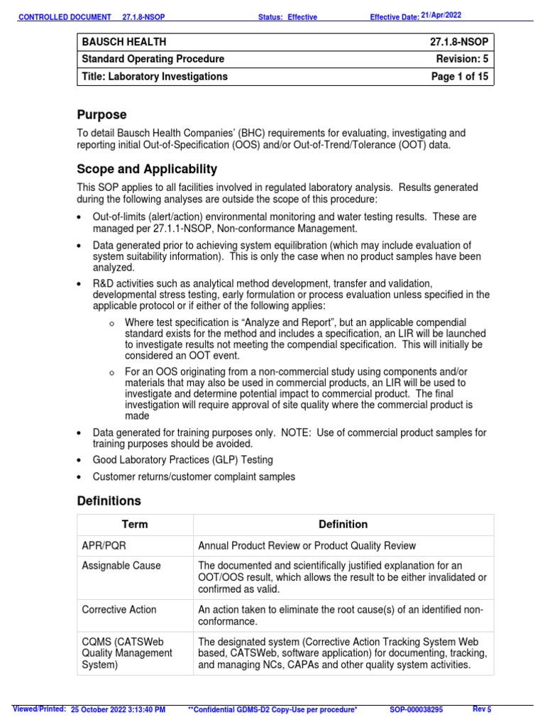 Laboratory Investigations SOP | PDF | Specification (Technical Standard ...