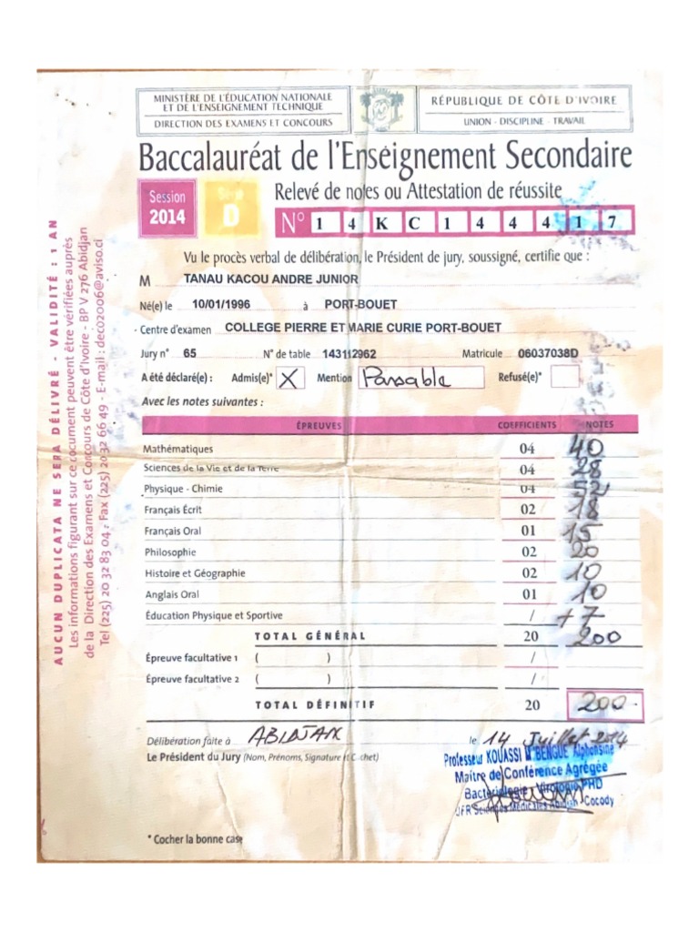 Relevé de Note Du Baccalauréat de L