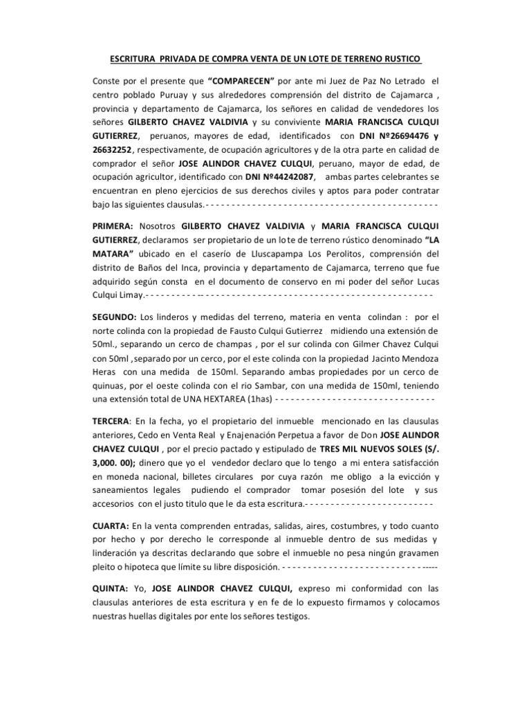 Escritura Privada de Compra Venta de Un Lote de Terreno Rustico Mili