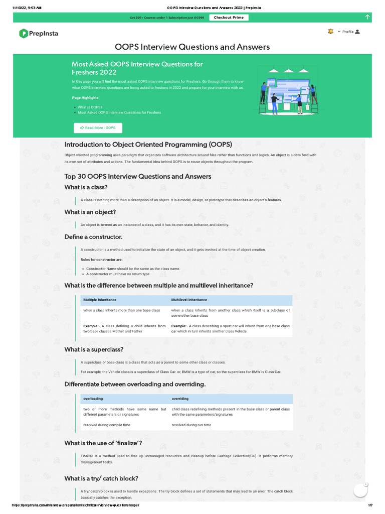 OOPS Interview Questions and Answers 2022 - PrepInsta | PDF
