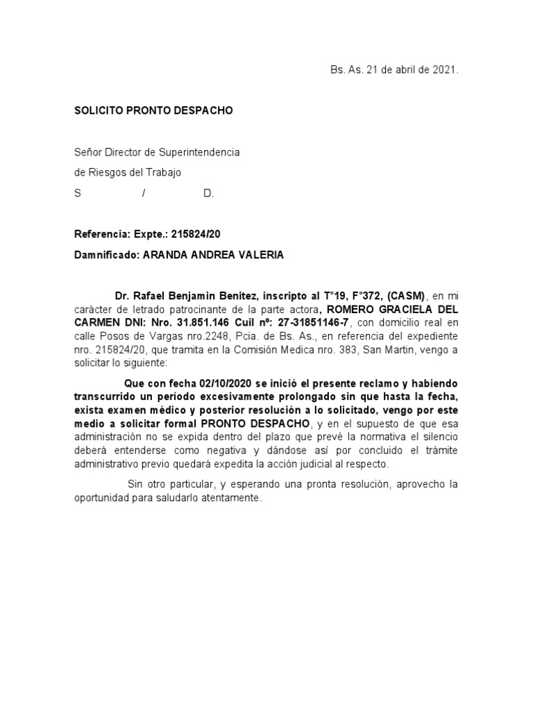 Solicitud De Pronto Despacho De Expediente Por Demora En La Resolución