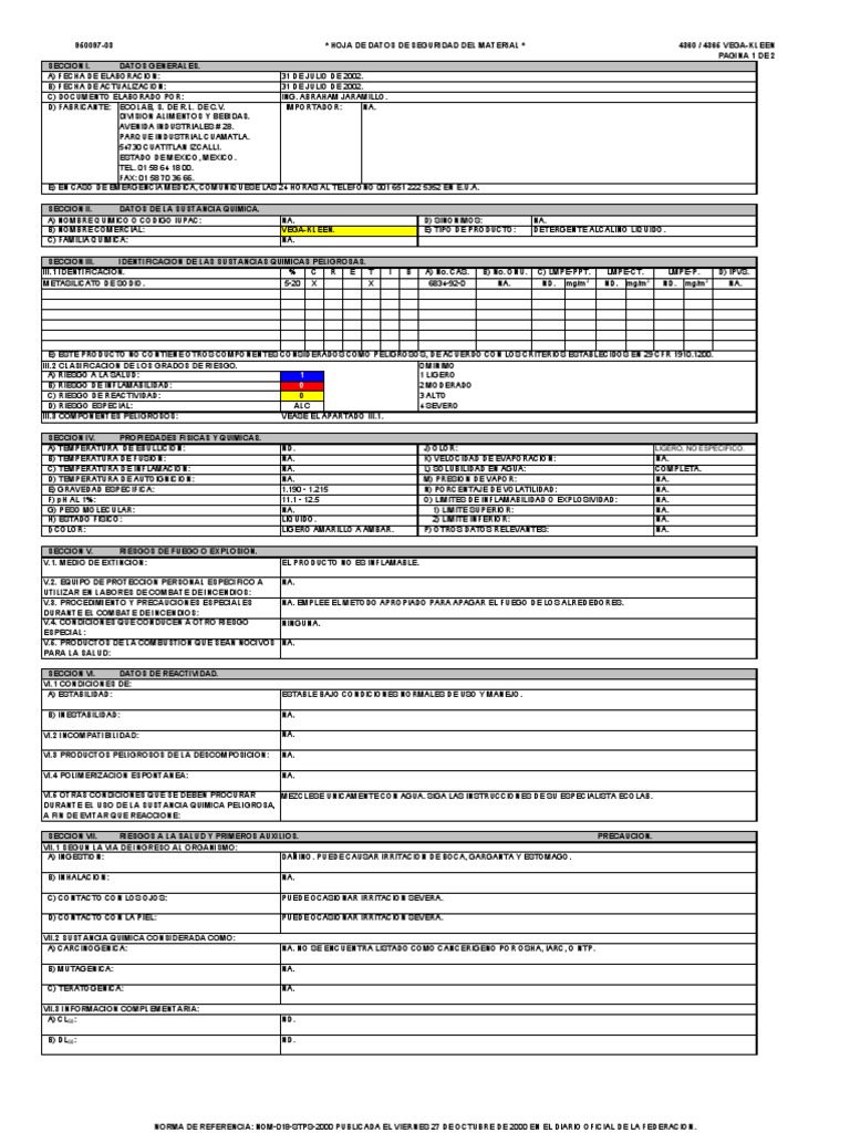 Vega Kleen MSDS PDF Agua Incendios