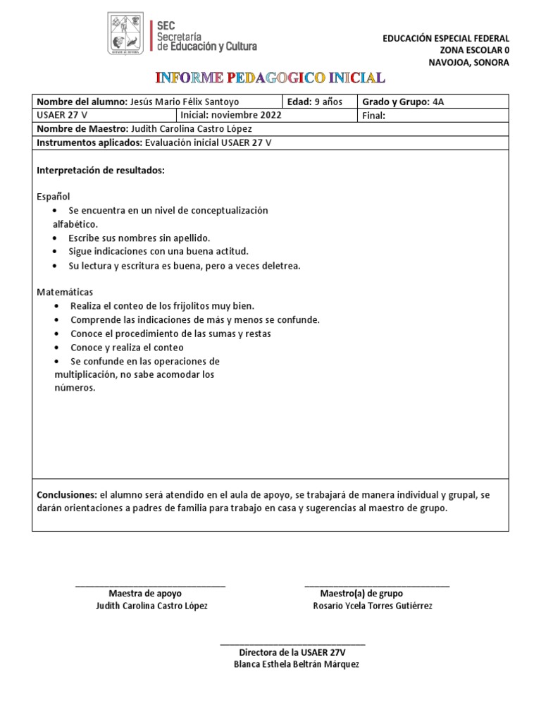 Informe Inicial de Los Alumnos 2 | PDF | Educación especial | Evaluación