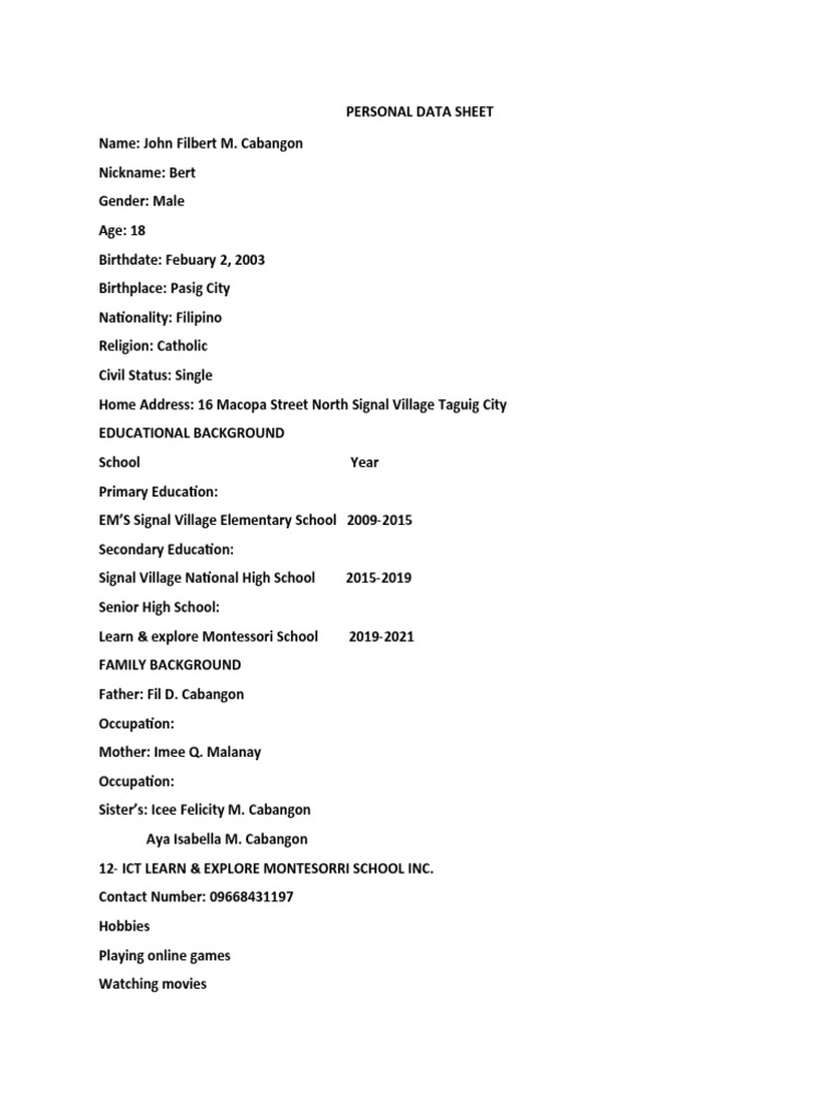 Personal Data Sheet PDF