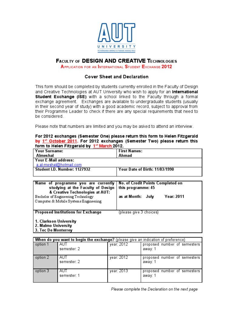 International Student Exchange Application | PDF | Academic Term ...
