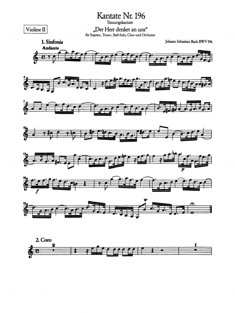 Bach Der Herr Denket An Uns BWV 196 Violins II PDF