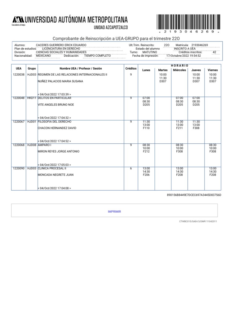 Comprobante Reinscripción Lic. Derecho 22O | PDF