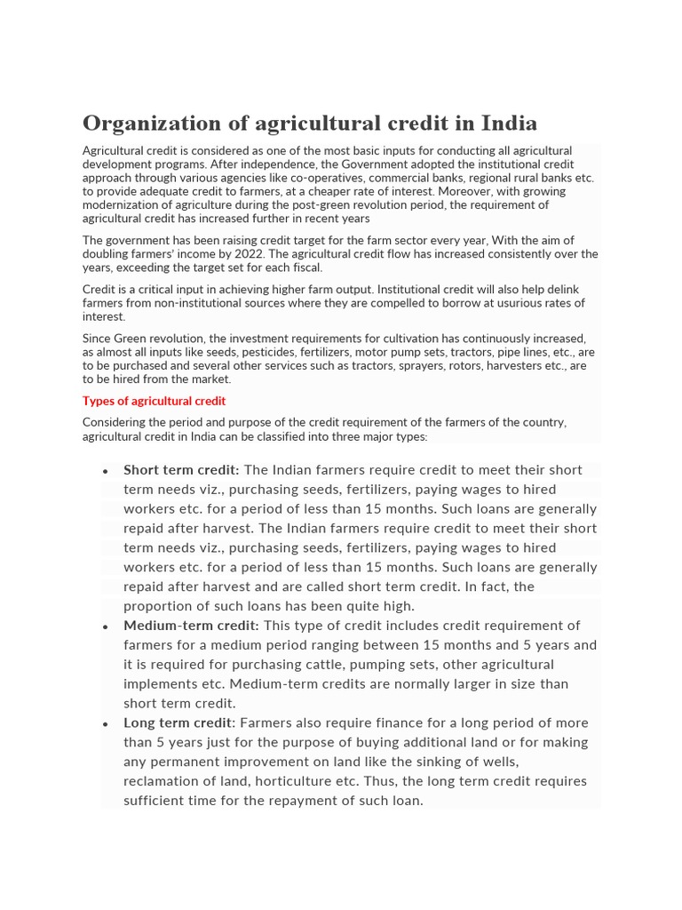 Types of Agricultural Credit in India | PDF | Warehouse | Agriculture