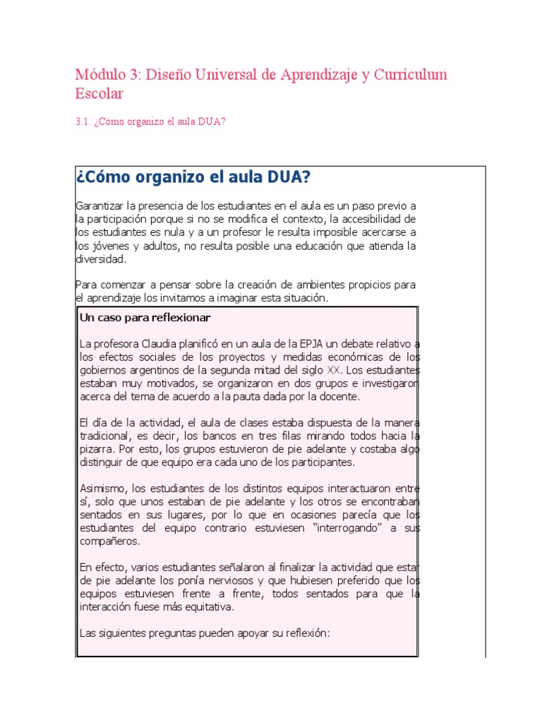 3.1.cómo Organizo El Aula DUA | PDF | Salón de clases | Aprendizaje