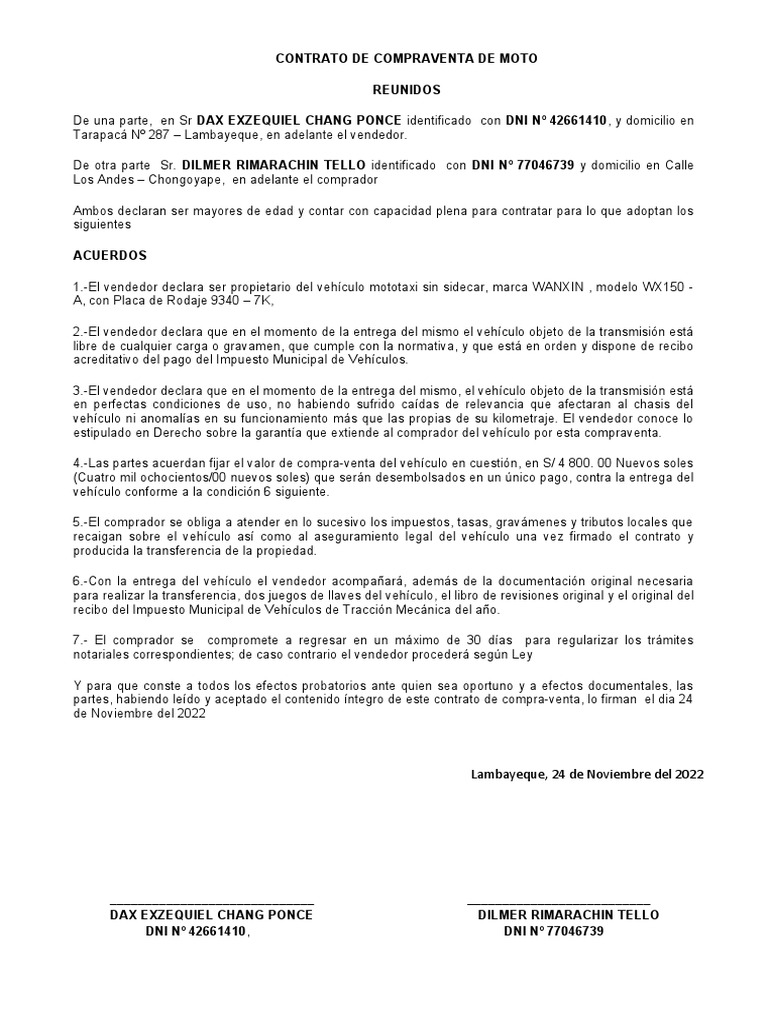 Contrato de Compraventa Moto | PDF | Negocios | Finanzas y dinero