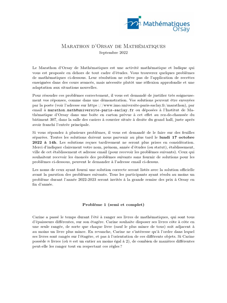 Marathon d'Orsay : Défis mathématiques 2022 | PDF | Mathématiques