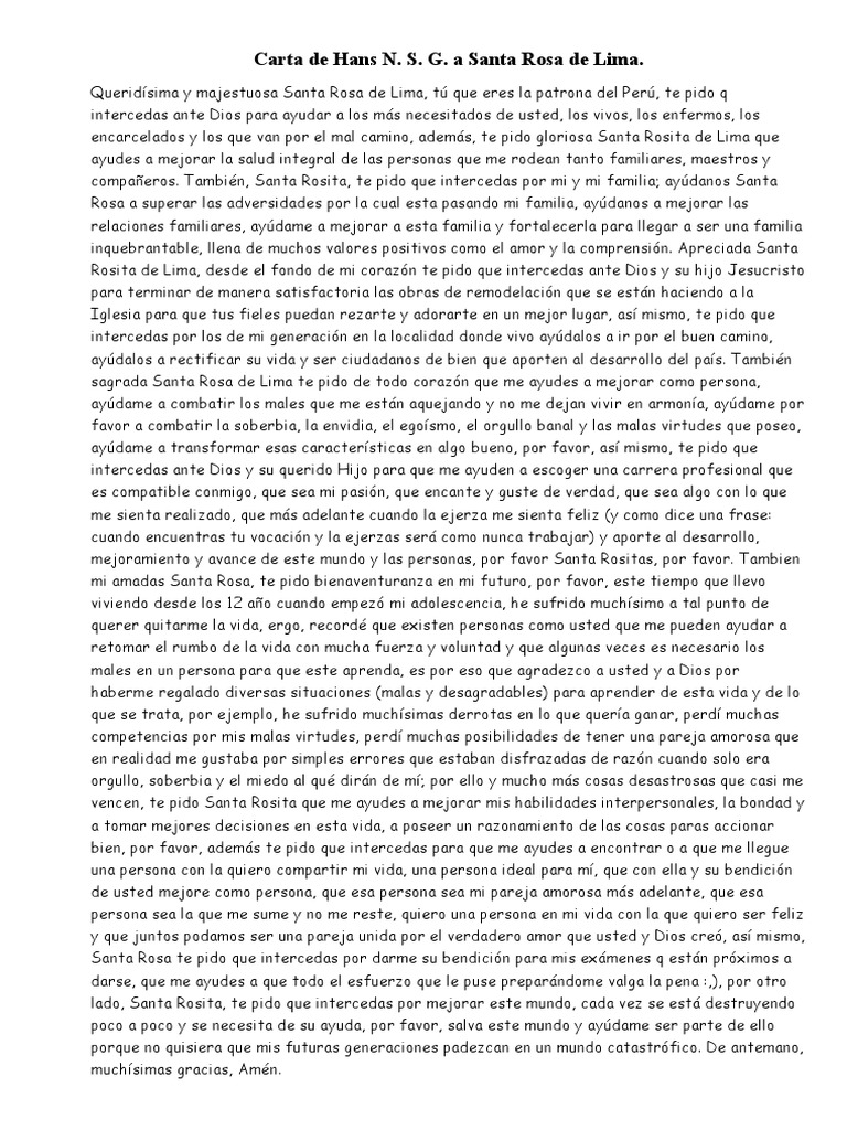 Carta de súplica a Santa Rosa de Lima | PDF | Relaciones personales ...