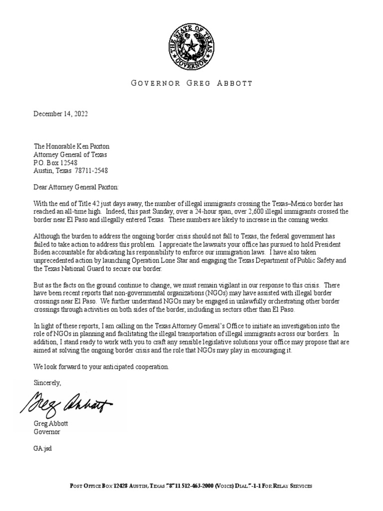 Gov. Abbott's Letter To Paxton PDF