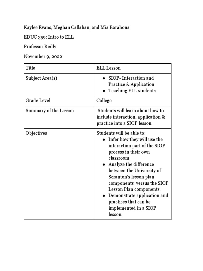 Ell Siop Lesson Plan Pdf Lesson Plan Change