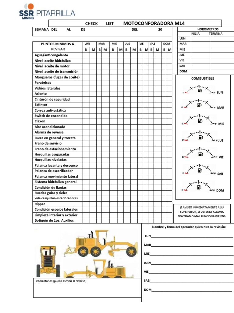 Checklist de Mantenimiento Motoconformadora M14 | PDF | Coche ...