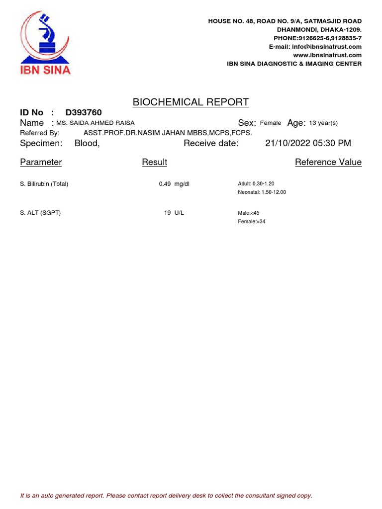 Biochemical Report: Id No: D393760 | PDF | White Blood Cell | Body Fluids