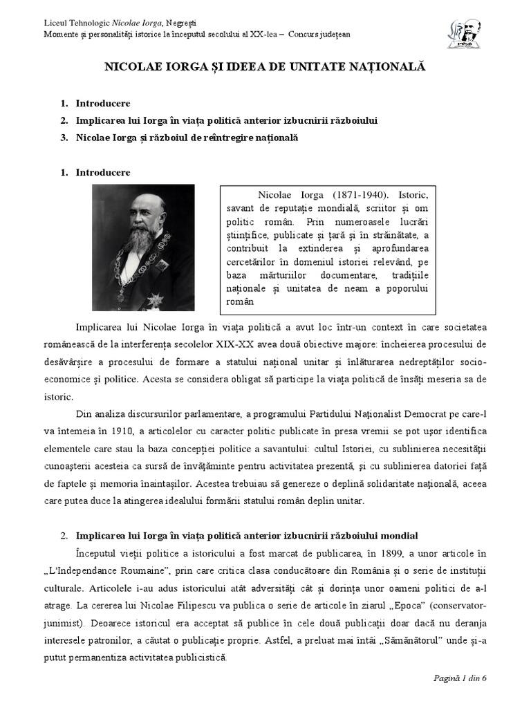Liceu-Iorga Și Ideea de Unitate Națională | PDF