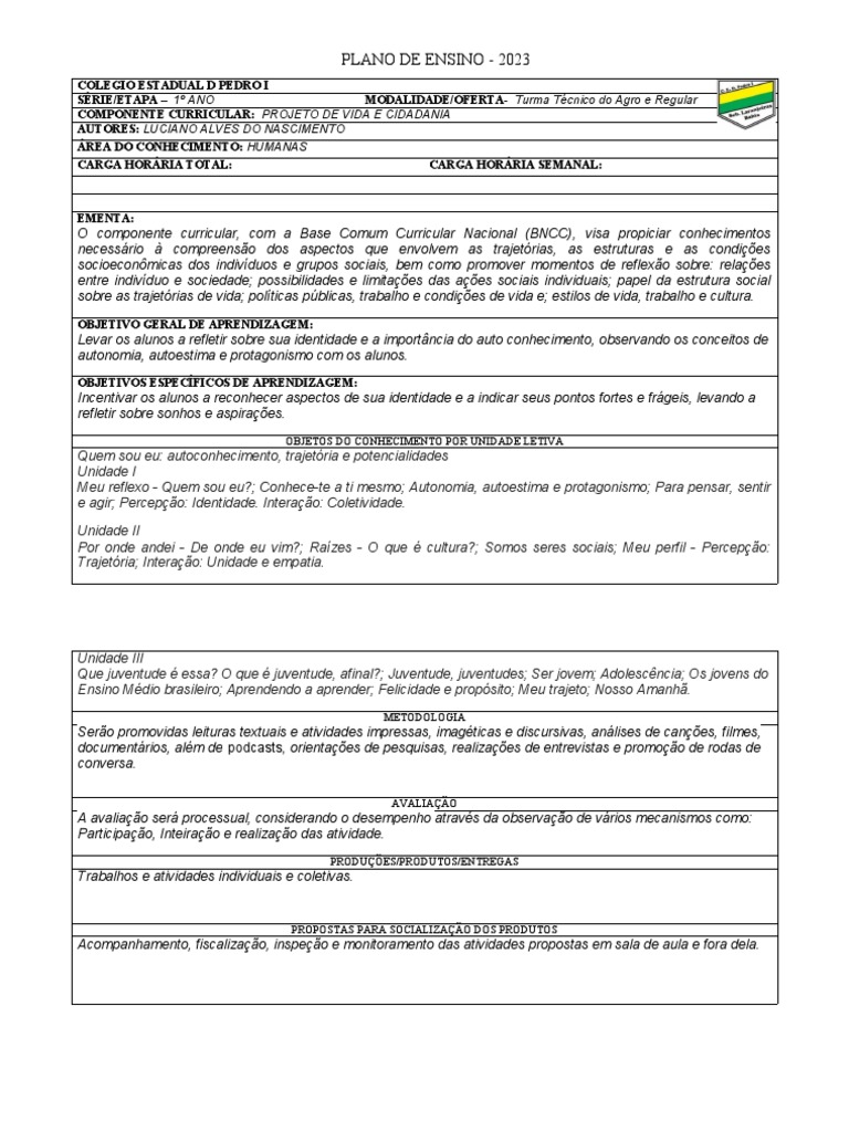 Plano de Ensino: Projeto de Vida 2023 | PDF | Aprendizado | Juventude