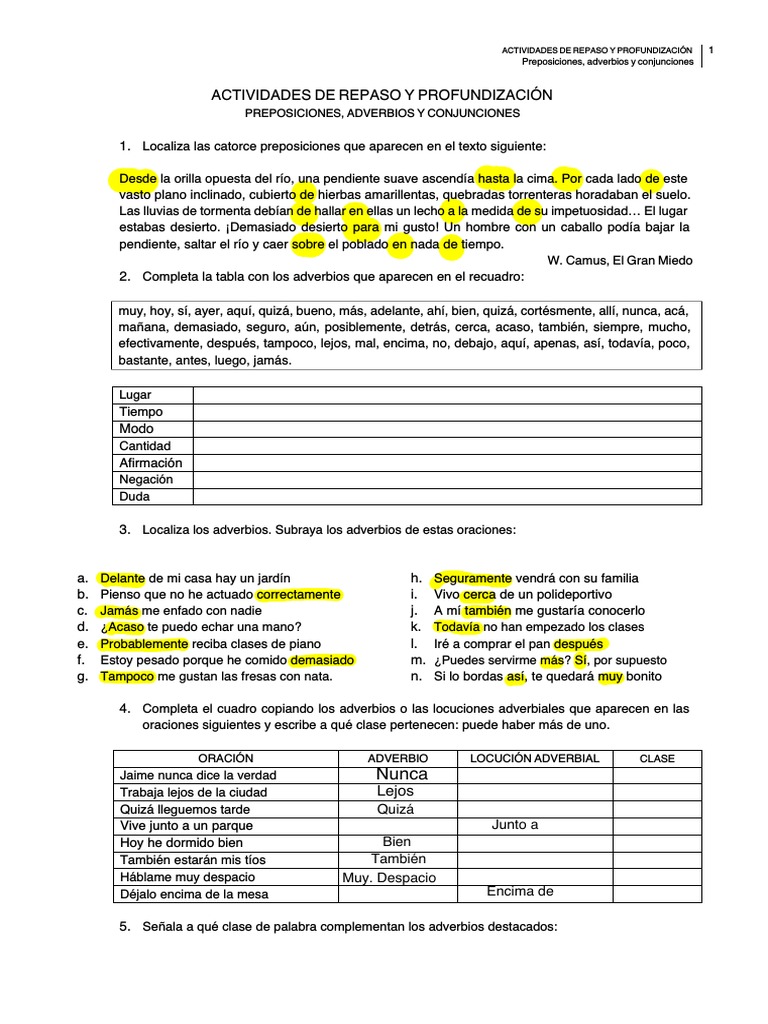 Ejercicios de adverbios y preposiciones | PDF | Adverbio | Unidades ...