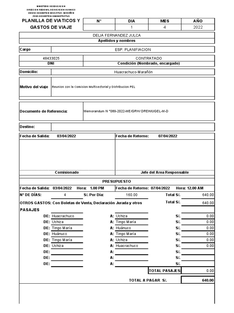 Planilla de Viaticos | PDF