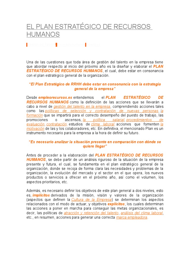 El Plan Estratégico De Recursos Humanos Pdf Gestión De Recursos