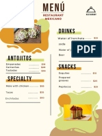 Mexican restaurant menu with drinks, snacks and specialty dishes