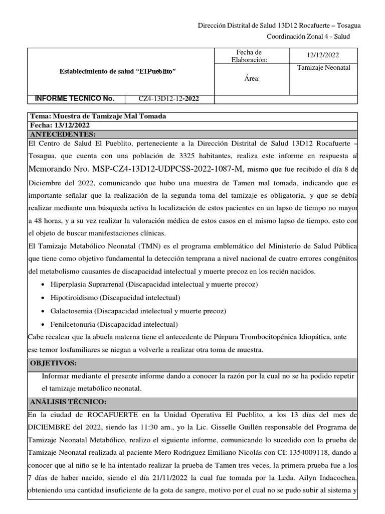 Informe sobre la imposibilidad de repetir el tamizaje metabólico ...