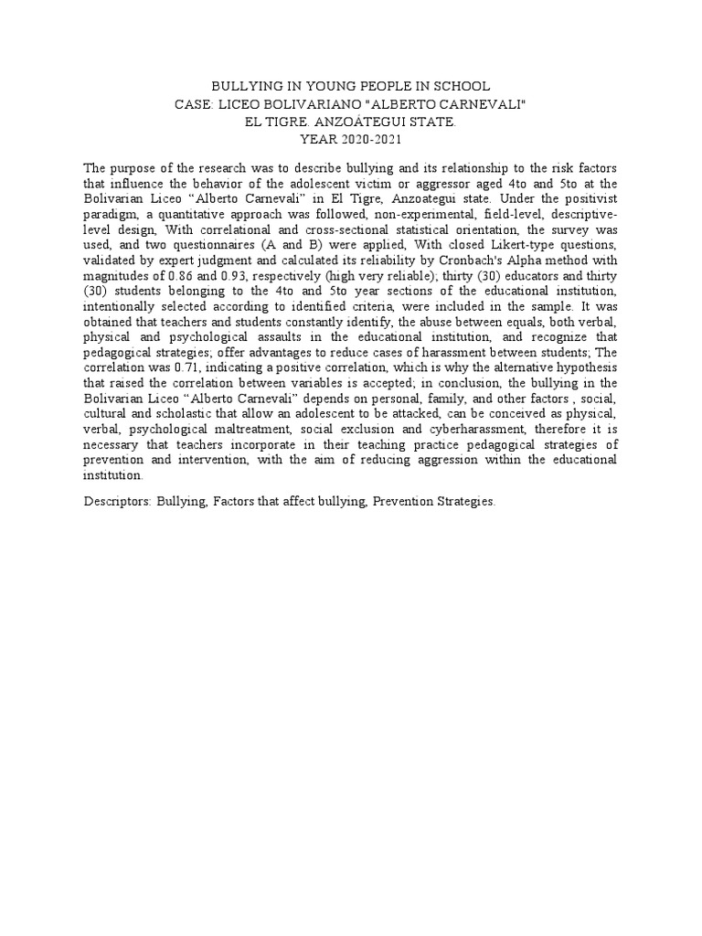 Resumen Acoso Escolar Traducciòn Ingles PDF