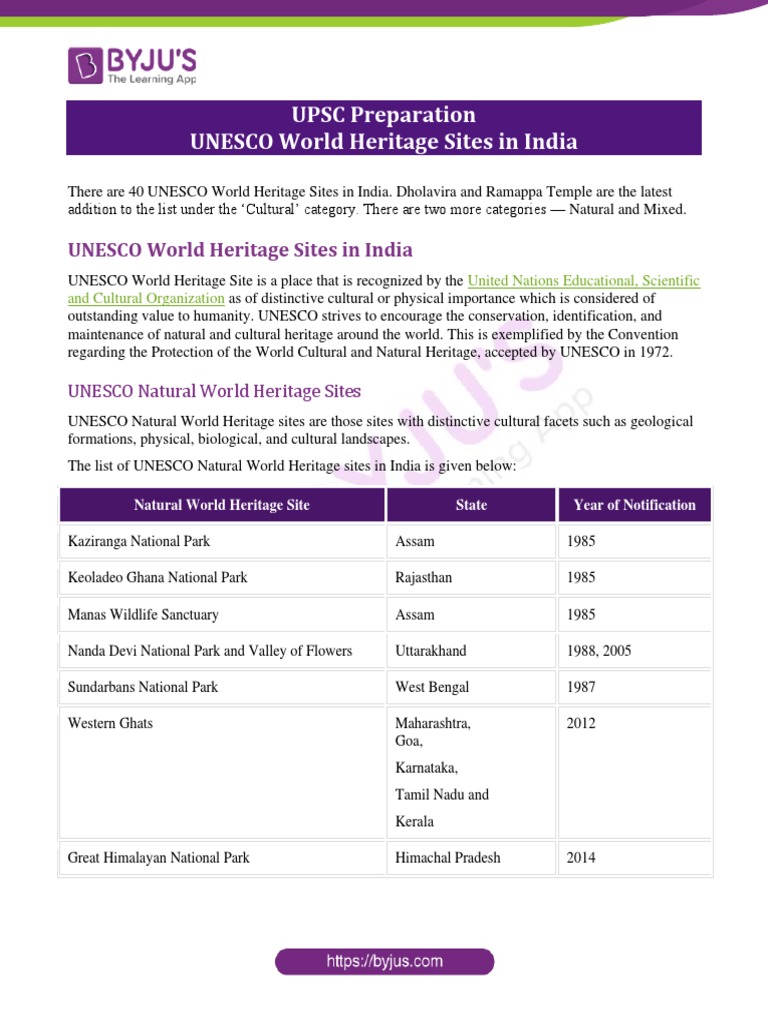 UNESCO World Heritage Sites in India | PDF | World Heritage Site