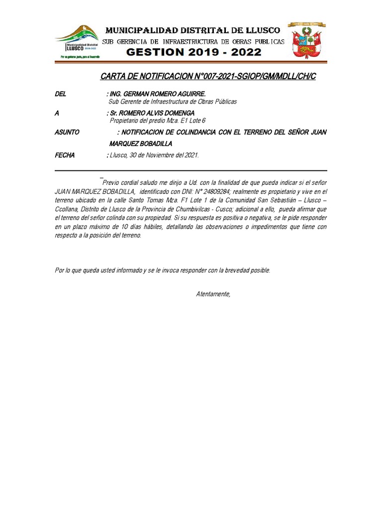 Carta N 007 Carta De Notificacion De Propiedad Pdf