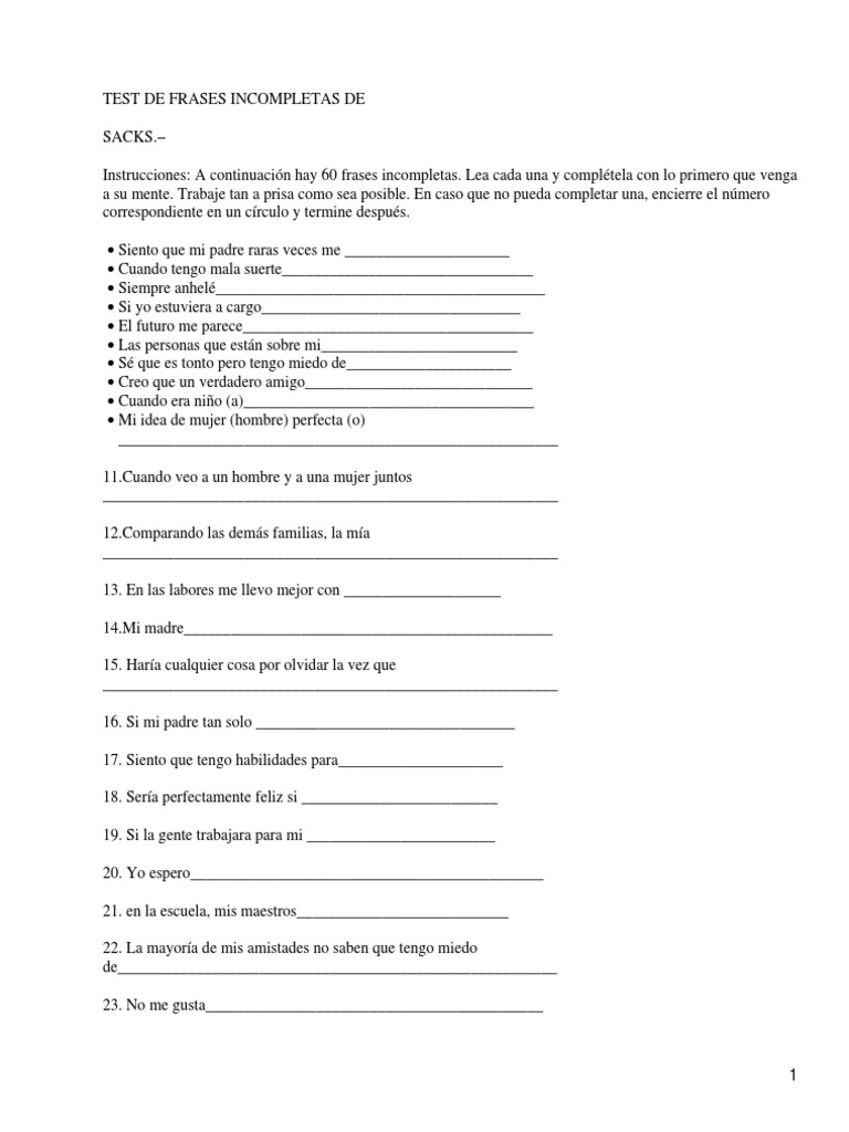 Test de Frases Incompletas de Sacks. | PDF